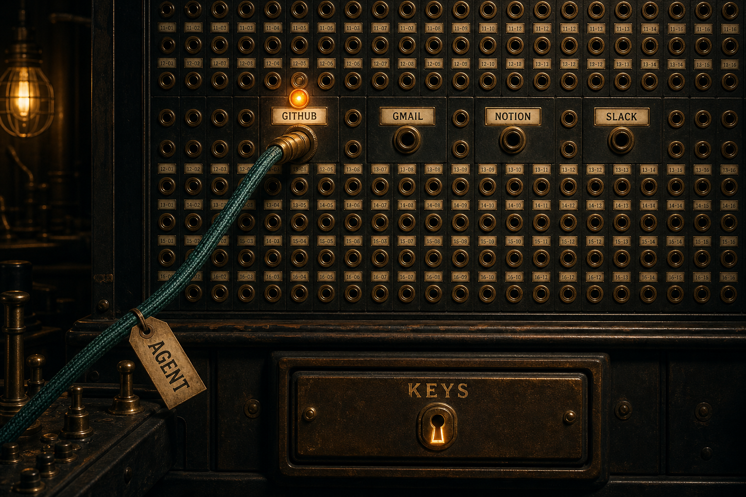 open-connector: A mid-century telephone exchange at night: one teal patch cable labeled AGENT lands in the GITHUB jack on a wall of a thousand brass jacks; beneath the board, a locked brass key drawer glows through its keyhole.