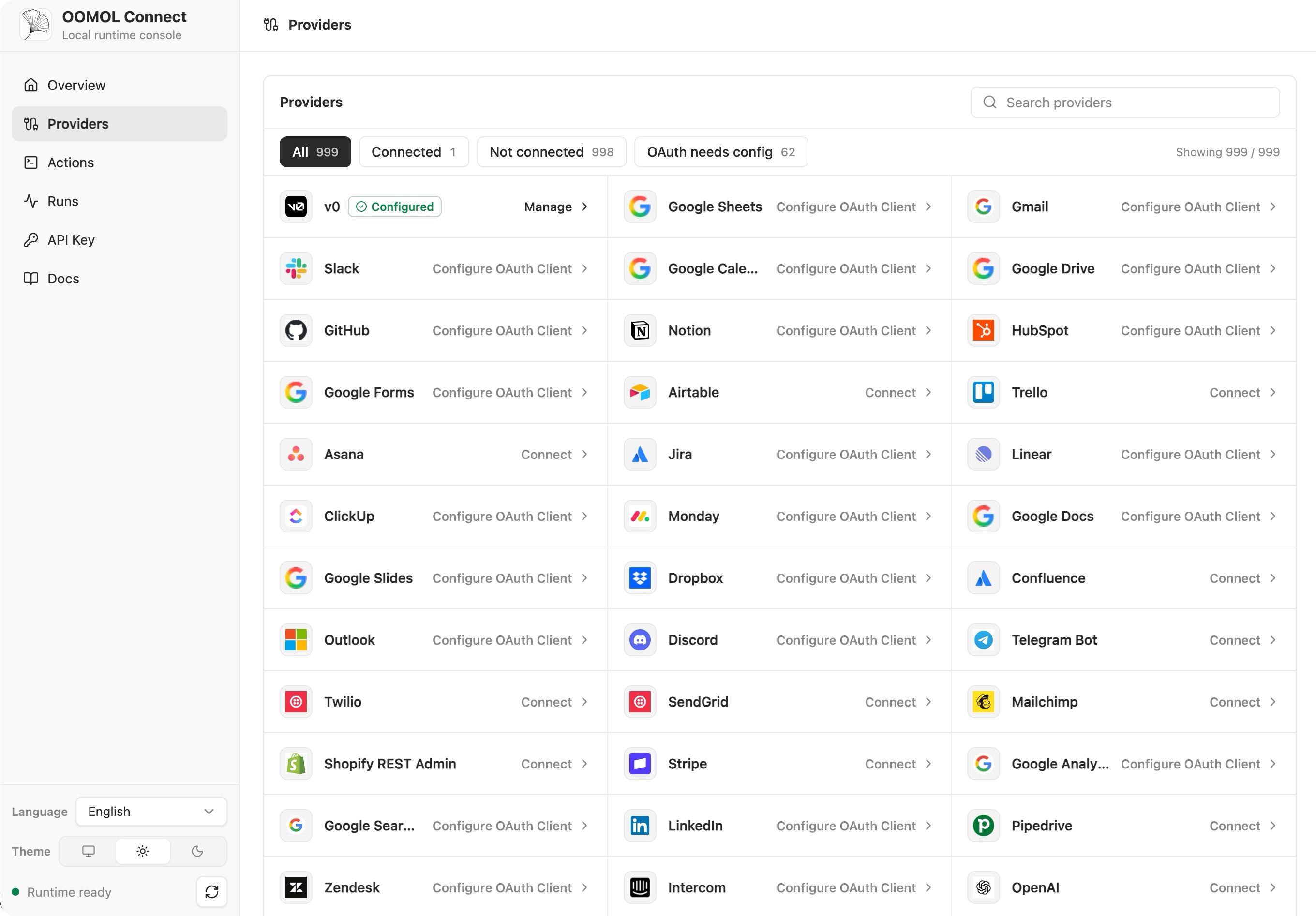 OpenConnector's real Web Console: the connector catalog view listing providers like GitHub, Gmail and Notion with their actions and credential setup — this is the actual UI that ships with the gateway.